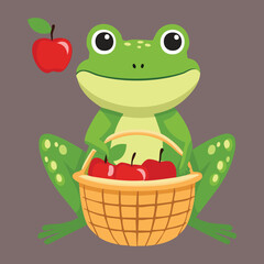 Little Frog Character with a Small Basket of Apples