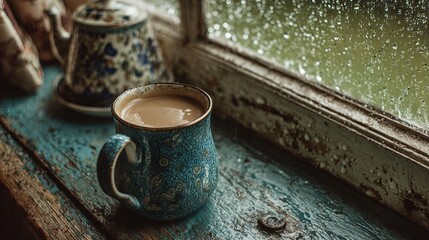 Blue ceramic mug of coffee on rustic windowsill with rain-speckled glass, evoking cozy warmth and vintage charm on a quiet rainy day