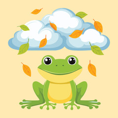 Cute Frog with Clouds and Falling Leaves on a Sunny Day