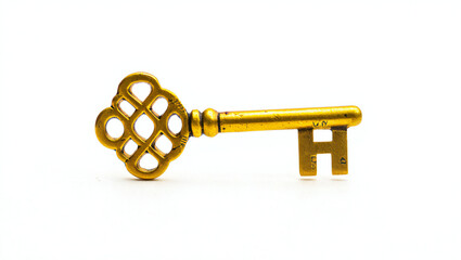 Intricate Golden Key Isolated on White Background Depicting Security Antiquity and Mystery with Ornamental Design Elements