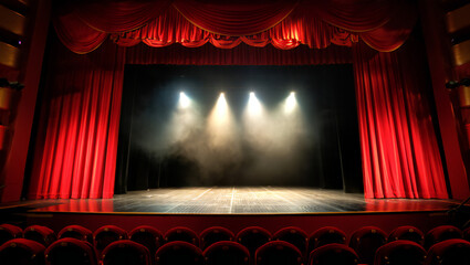 Illuminated Theater Stage with Red Curtains and Empty Seats Ready for Performance Offering Drama and Entertainment in a Classic Venue
