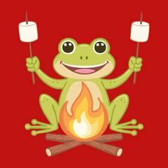 Happy Frog Roasting Marshmallows Over a Campfire
