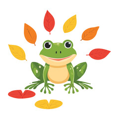 Happy Frog Character Sitting with Leaves