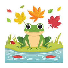 A Happy Frog in a Pond with Autumn Leaves