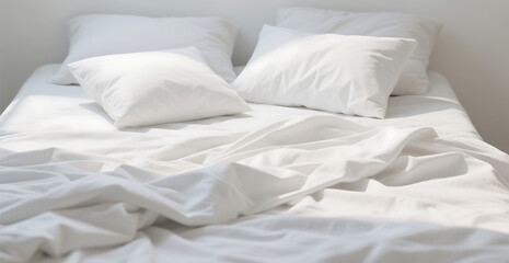 White bedding sheets and pillow background, Messy bed concept created with generative Ai technology