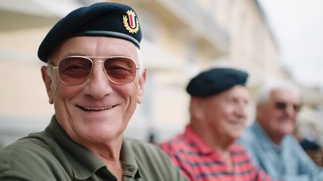 Smiling elderly men in berets enjoy a sunny day, evoking camaraderie and nostalgia, perfect for Veterans Day themes or senior lifestyle scenes