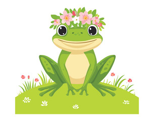 Happy Frog Mascot with a Floral Crown in a Field