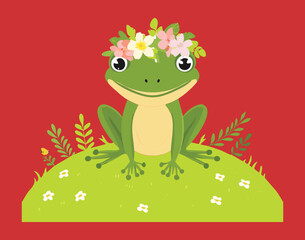 Adorable Frog with a Flower Crown on a Red Background