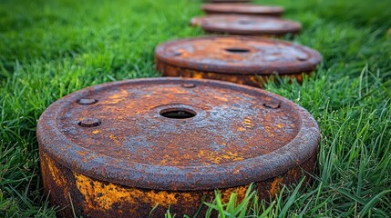 Rusty weight plates on a grassy field.  Rows of weathered, rusted metal discs lie on a verdant lawn.  Close-up view