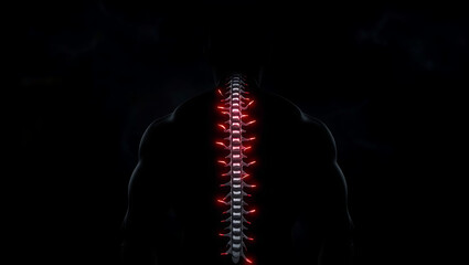 A dark image showing a spine with red lights emanating from it against a black shadowy background