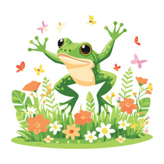 Cheerful Frog with Flowers and Butterflies around