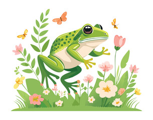 Cheerful Frog on a Tree Stump with a Snail and Flowers