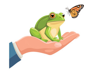 A Happy Frog Holding a Butterfly on its Hand