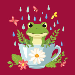 Cute Frog Holding a Flower and a Teacup Full of Blossoms