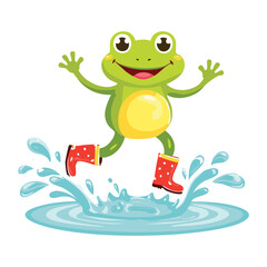 Happy Frog in Raincoat and Boots Jumping in a Puddle