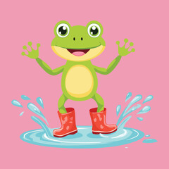Cute Frog in Raincoat and Boots with Water Splashing
