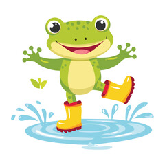 Cheerful Frog in a Raincoat and Boots Doing a Splash