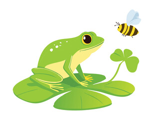 Cute Frog with a Bee Sitting on a Lily Pad in Pond