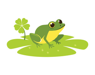 Cheerful Green Frog Sitting on a Leaf in the Pond

