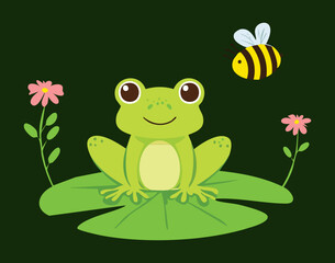 Cute Frog with a Bee and Flowers on a Leaf in the Pond
