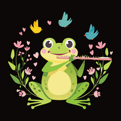 Cute Little Frog with Birds in a Magical Forest Scene