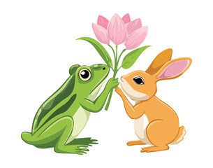Cute Frog Giving a Flower to its Bunny Friend