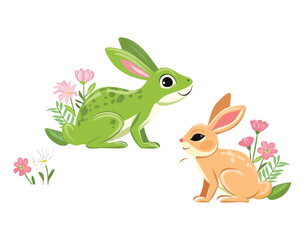 Cute Frog and Bunny Friend Sitting Together in Spring
