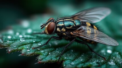 Obraz premium Close-up view of a colorful fly resting on a green leaf surrounded by droplets of water