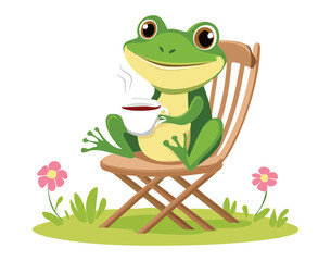 Happy Frog Mascot Drinking Coffee while on a Deck Chair