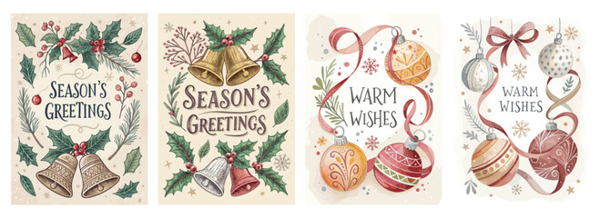 Festive holiday cards featuring decorative bells and ornaments with warm wishes and season's greetings.