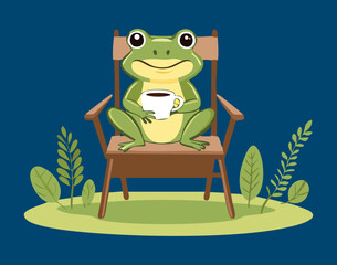Happy Green Frog with a Mug on a Wooden Chair