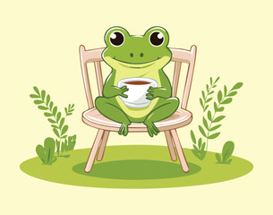 Cute Frog Mascot Drinking Coffee while Sitting on a Chair