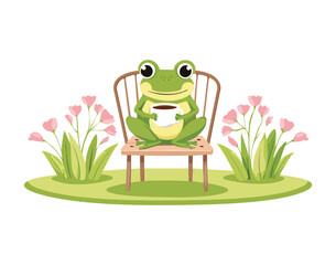 Funny Frog Mascot Sitting on a Wooden Chair with Flowers