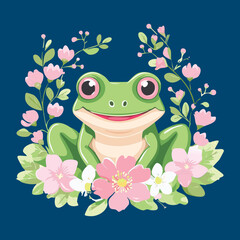 Smiling Frog Encircled by Blooming Pink and White Flowers