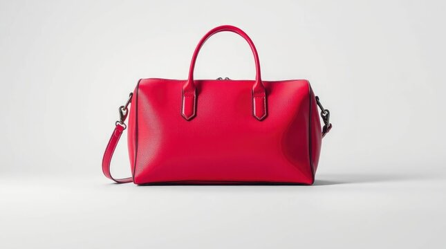 Red textured duffel bag with handles and shoulder strap on white