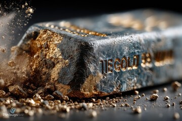 Gold bar with scattered golden particles in a dramatic dark backdrop
