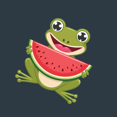 Adorable Green Frog Holding a Big Slice of Watermelon