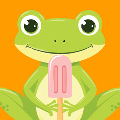Cute Frog Mascot Holding a Strawberry Popsicle on Orange Background
