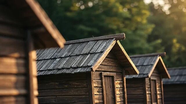 A row of rustic log cabins with shingled roofs, lit by warm sunlight against a forest backdrop