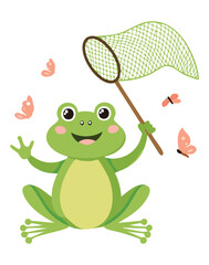 Cheerful Frog Mascot Waving and Holding a Butterfly Net