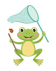 Cute Cartoon Frog Character with a Net for Bugs