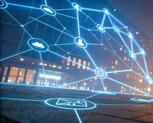 Person walking in a city with digital network overlay at night