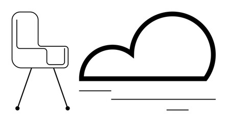 Chair and cloud in monochrome line style conveying comfort, modernity, digital connection, and mobility. Ideal for work-from-home, technology, design, networking, innovation minimalism simple flat