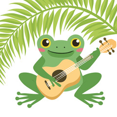 Obraz premium Happy Frog Mascot Playing Ukulele with a Large Palm Leaf