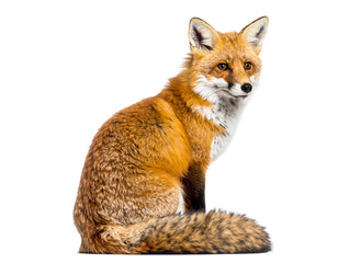 Obraz premium Realistic Orange Fox Sitting Calmly, Side View, Isolated on White Background