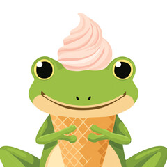 Cute green frog enjoying a delicious strawberry ice cream cone