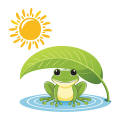 Cheerful frog sitting on a lily pad with a large leaf