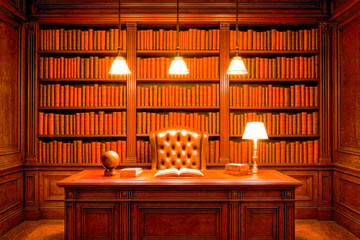 A sophisticated study room featuring a wooden desk and a leather chair