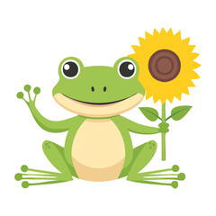 Cute green frog holding a single sunflower with a smile
