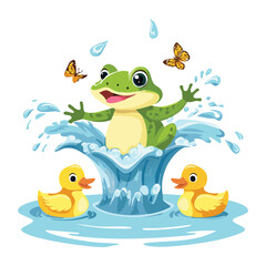 Cheerful green frog jumping from the water with ducks